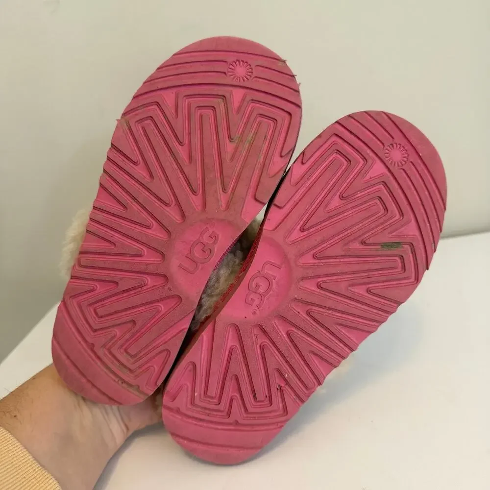 UGG Cozy II Suede Slippers Kids 2 Pink Shearling Fur Lining Winter Warm 1019065K